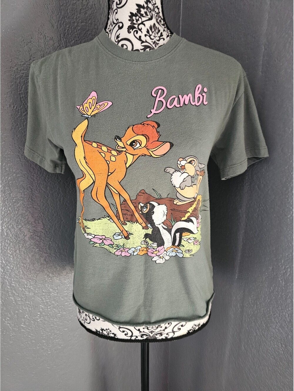 Women's Disney Bambi Graphic Shirt Green Size X Small XS Cut Bottom Style Movie
